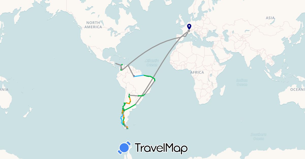 TravelMap itinerary: driving, bus, plane, cycling, hiking, boat, hitchhiking, motorbike, kayak, cheval in Argentina, Brazil, Switzerland, Chile, Colombia, Spain, Paraguay, Venezuela (Europe, South America)